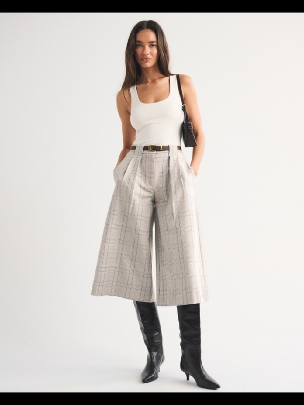 High-Waist Plaid Culotte Pants - Beige/Blue